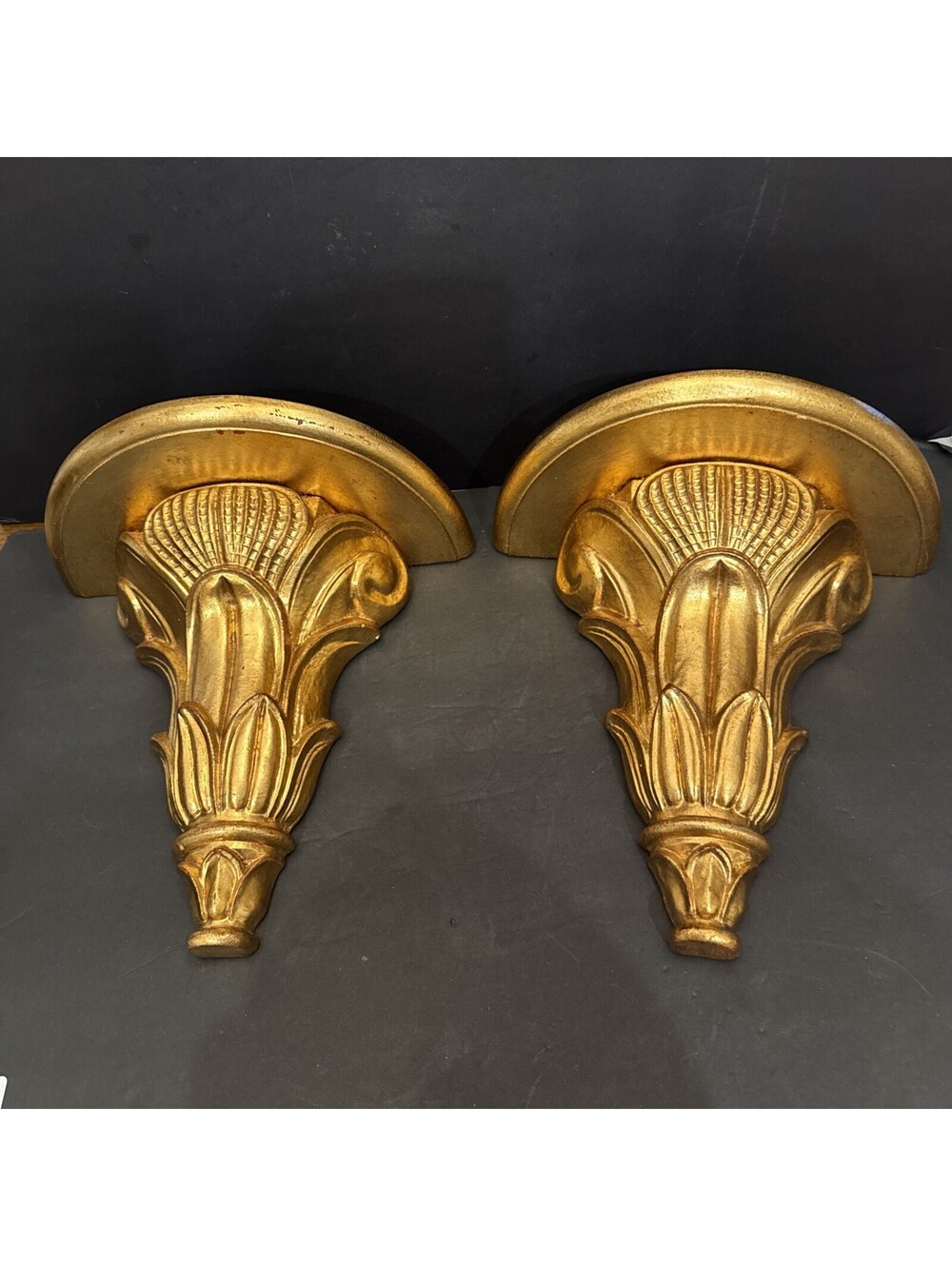 Vtg (2) Italian Gold Gilt Ornate Hand Carved Wood Wall Shelf Sconce 12.5” H 12”W